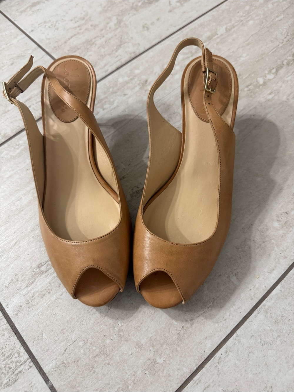Cole Haan Tan Peep-Toe Slingback .low wood heel ..size 7M